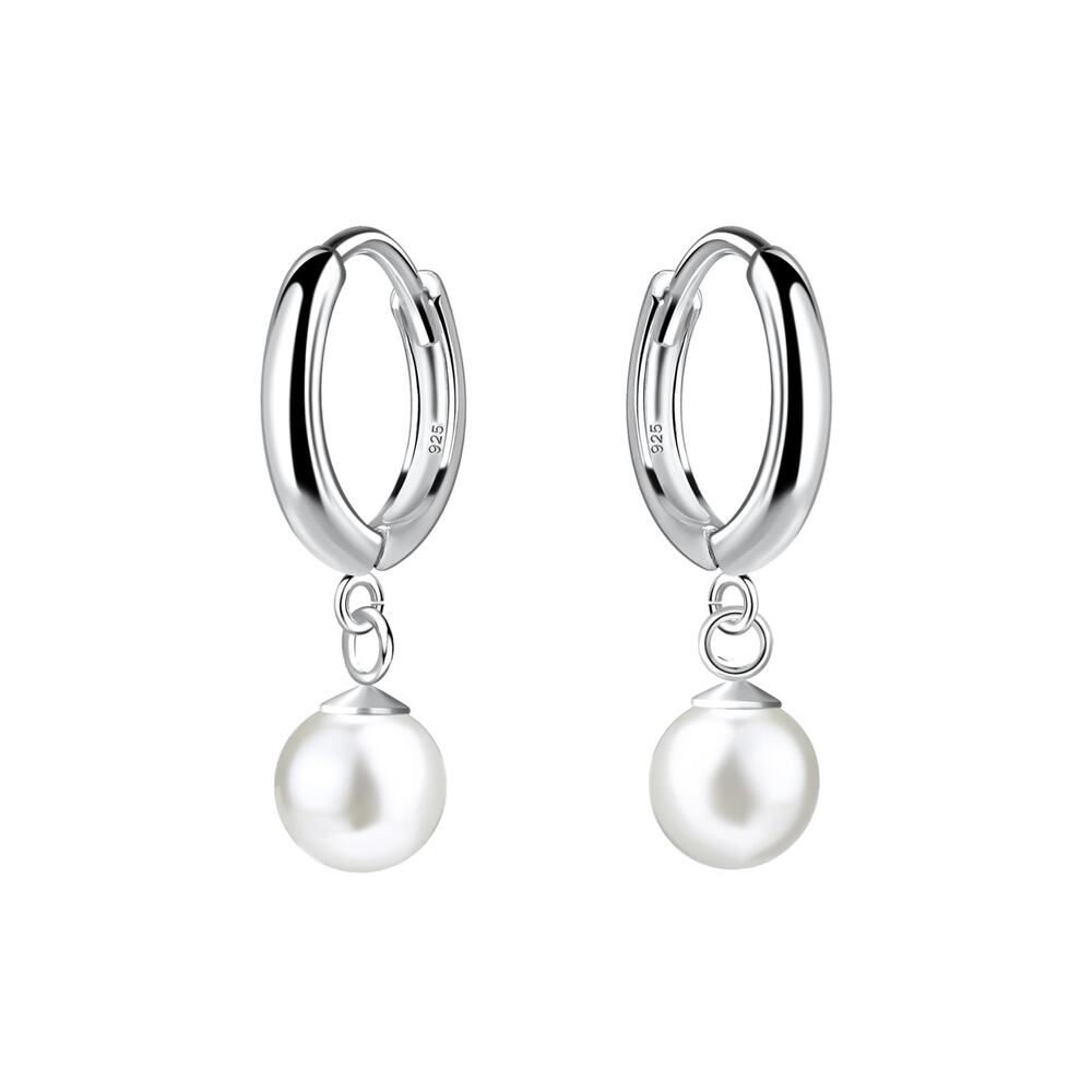 Silver Huggie Earrings With Hanging Pearl
